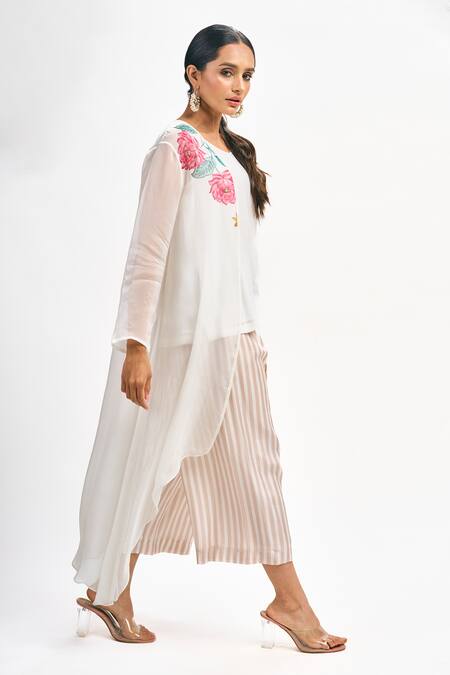 Tanu Malhotra White Organza, Cotton, Silk Embroidery Open Neck Floral Print Jacket Pant Set Online at Aza Fashions Tanu Malhotra_White Organza, Cotton, Silk Embroidery Open Neck Floral Print Jacket Pant Set_Online_at_Aza_Fashions