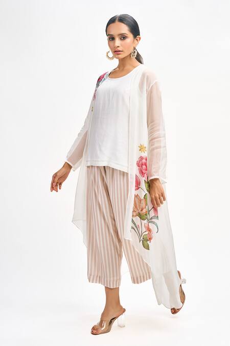 Buy Tanu Malhotra White Organza, Cotton, Silk Embroidery Open Neck Floral Print Jacket Pant Set Online at Aza Fashions Buy_Tanu Malhotra_White Organza, Cotton, Silk Embroidery Open Neck Floral Print Jacket Pant Set_Online_at_Aza_Fashions