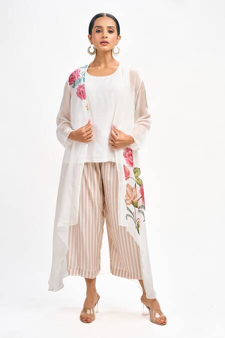 Shop Tanu Malhotra White Organza, Cotton, Silk Embroidery Open Neck Floral Print Jacket Pant Set Online at Aza Fashions Shop_Tanu Malhotra_White Organza, Cotton, Silk Embroidery Open Neck Floral Print Jacket Pant Set_Online_at_Aza_Fashions