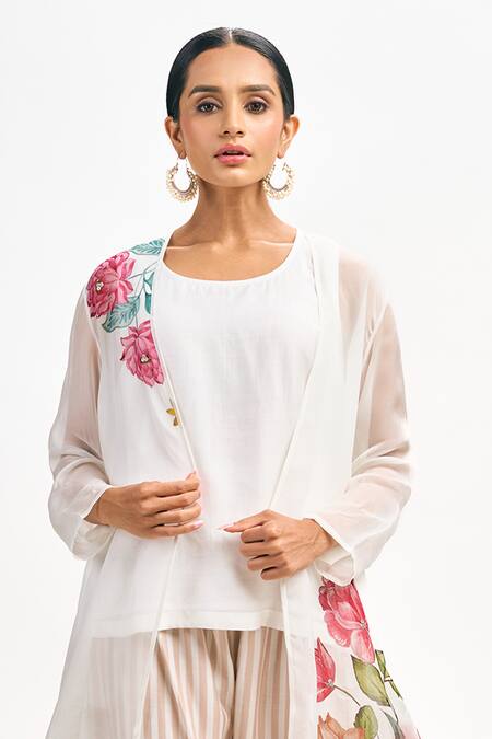 Tanu Malhotra White Organza, Cotton, Silk Embroidery Open Neck Floral Print Jacket Pant Set at Aza Fashions Tanu Malhotra_White Organza, Cotton, Silk Embroidery Open Neck Floral Print Jacket Pant Set_at_Aza_Fashions