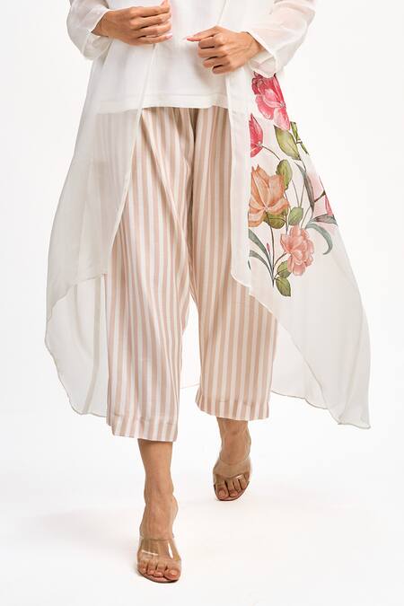 Buy Tanu Malhotra White Organza, Cotton, Silk Embroidery Open Neck Floral Print Jacket Pant Set Buy_Tanu Malhotra_White Organza, Cotton, Silk Embroidery Open Neck Floral Print Jacket Pant Set
