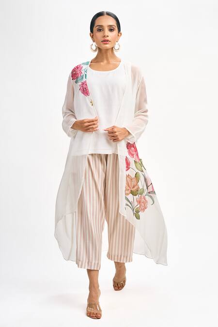 Shop Tanu Malhotra White Organza, Cotton, Silk Embroidery Open Neck Floral Print Jacket Pant Set Shop_Tanu Malhotra_White Organza, Cotton, Silk Embroidery Open Neck Floral Print Jacket Pant Set
