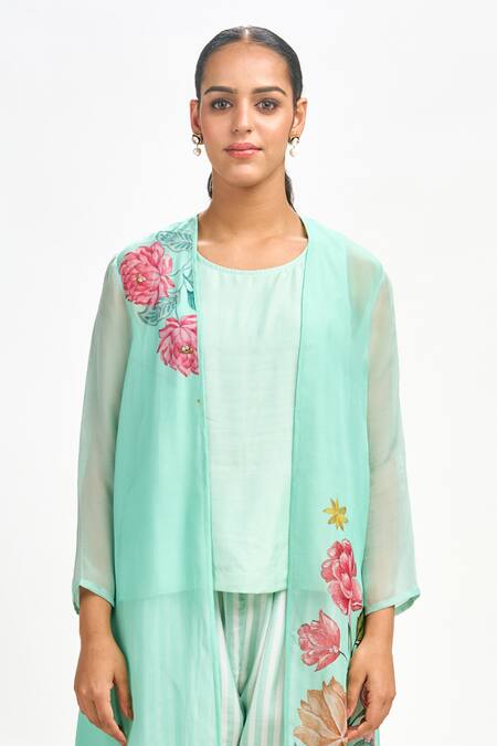 Tanu Malhotra_Blue Organza, Cotton, Silk Embroidery Open Neck Lotus Print Jacket Pant Set _Online_at_Aza_Fashions