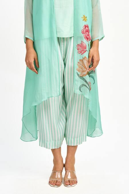 Buy_Tanu Malhotra_Blue Organza, Cotton, Silk Embroidery Open Neck Lotus Print Jacket Pant Set _Online_at_Aza_Fashions