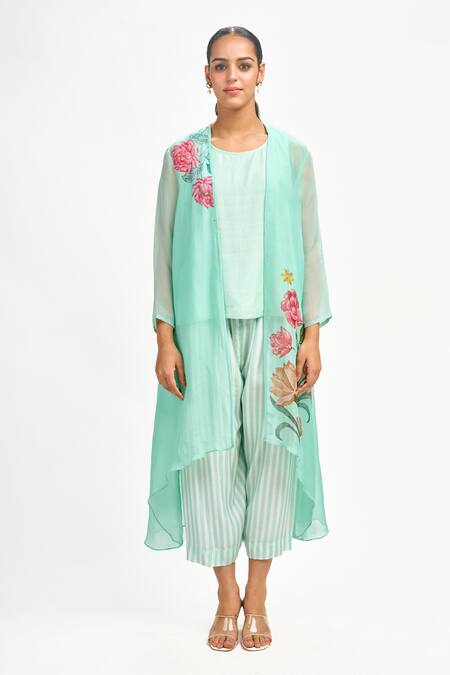Shop_Tanu Malhotra_Blue Organza, Cotton, Silk Embroidery Open Neck Lotus Print Jacket Pant Set _Online_at_Aza_Fashions