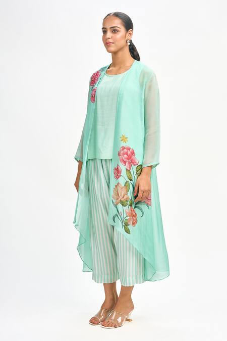 Tanu Malhotra_Blue Organza, Cotton, Silk Embroidery Open Neck Lotus Print Jacket Pant Set _at_Aza_Fashions