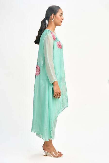 Buy_Tanu Malhotra_Blue Organza, Cotton, Silk Embroidery Open Neck Lotus Print Jacket Pant Set 