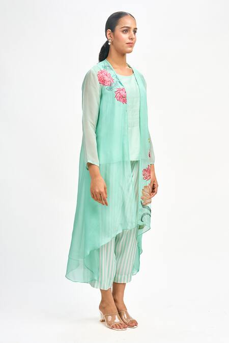 Shop_Tanu Malhotra_Blue Organza, Cotton, Silk Embroidery Open Neck Lotus Print Jacket Pant Set 