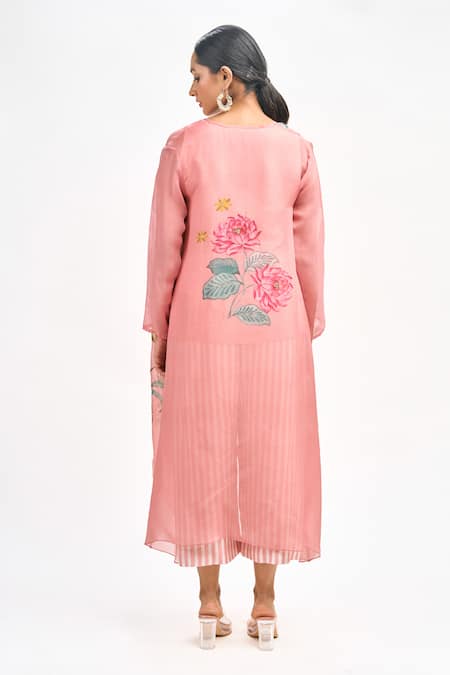 Shop_Tanu Malhotra_Peach Cotton, Silk, Organza Embroidery Round Neck, Bloom Print Jacket Pant Set _at_Aza_Fashions