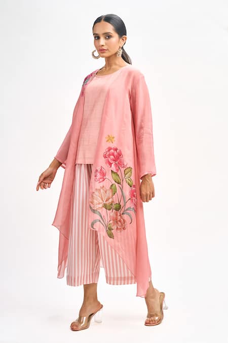 Tanu Malhotra_Peach Cotton, Silk, Organza Embroidery Round Neck, Bloom Print Jacket Pant Set _Online_at_Aza_Fashions