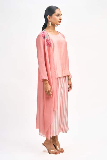 Buy_Tanu Malhotra_Peach Cotton, Silk, Organza Embroidery Round Neck, Bloom Print Jacket Pant Set _Online_at_Aza_Fashions