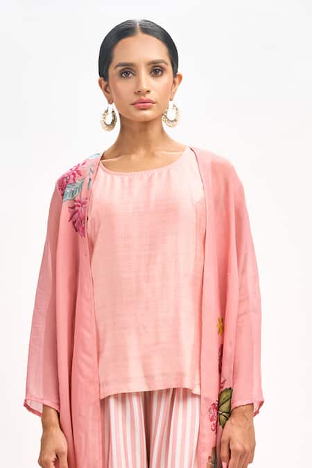 Shop_Tanu Malhotra_Peach Cotton, Silk, Organza Embroidery Round Neck, Bloom Print Jacket Pant Set _Online_at_Aza_Fashions