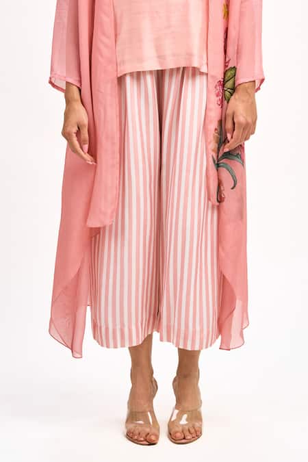 Tanu Malhotra_Peach Cotton, Silk, Organza Embroidery Round Neck, Bloom Print Jacket Pant Set _at_Aza_Fashions