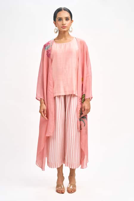 Buy_Tanu Malhotra_Peach Cotton, Silk, Organza Embroidery Round Neck, Bloom Print Jacket Pant Set 