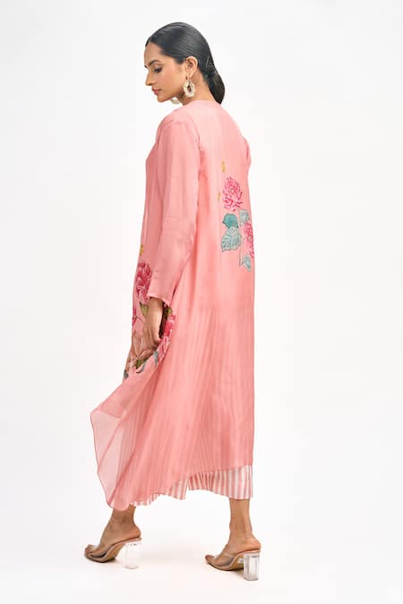 Shop_Tanu Malhotra_Peach Cotton, Silk, Organza Embroidery Round Neck, Bloom Print Jacket Pant Set 