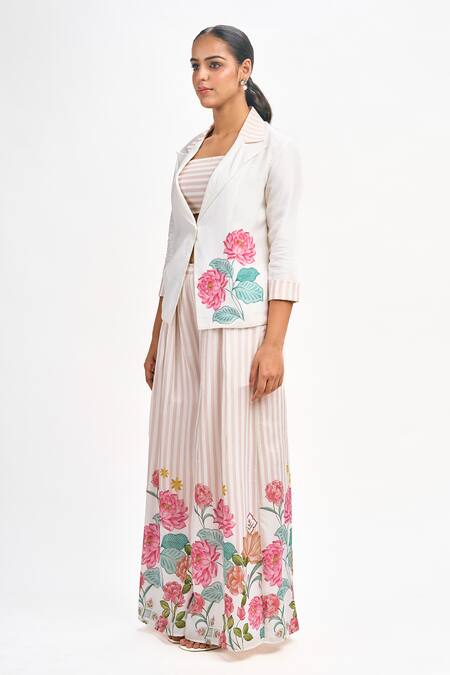 Tanu Malhotra_White Cotton Embroidery Square Neck Lotus Print Blazer Flared Pant Set _Online_at_Aza_Fashions