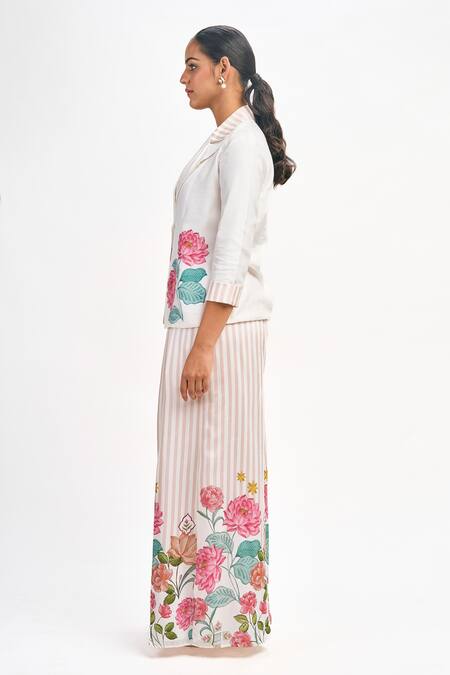 Buy_Tanu Malhotra_White Cotton Embroidery Square Neck Lotus Print Blazer Flared Pant Set _Online_at_Aza_Fashions