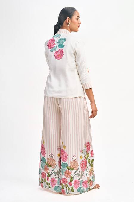Shop_Tanu Malhotra_White Cotton Embroidery Square Neck Lotus Print Blazer Flared Pant Set _Online_at_Aza_Fashions