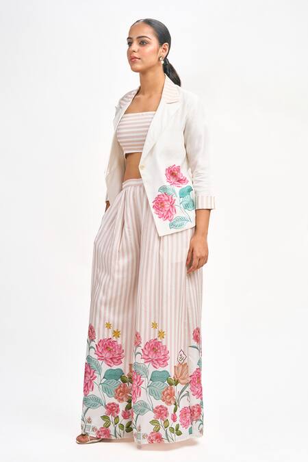 Tanu Malhotra_White Cotton Embroidery Square Neck Lotus Print Blazer Flared Pant Set _at_Aza_Fashions