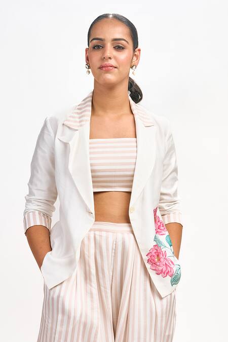 Buy_Tanu Malhotra_White Cotton Embroidery Square Neck Lotus Print Blazer Flared Pant Set 