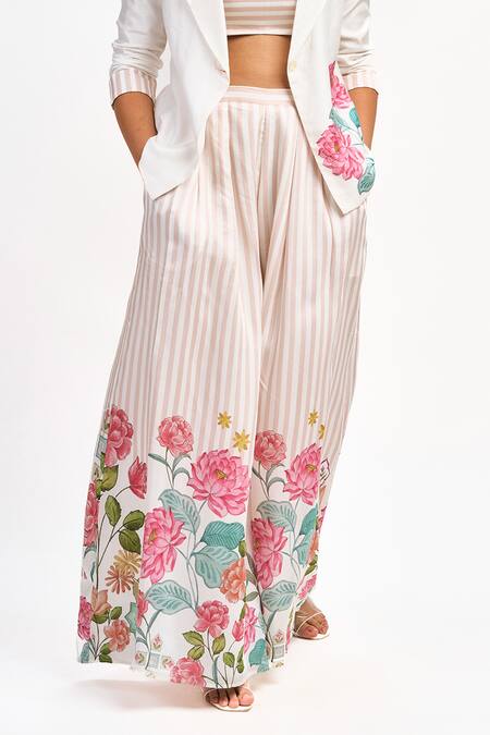 Shop_Tanu Malhotra_White Cotton Embroidery Square Neck Lotus Print Blazer Flared Pant Set 