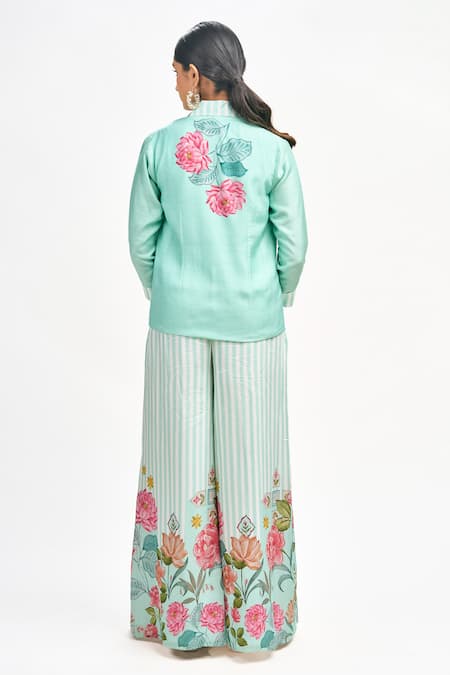 Shop_Tanu Malhotra_Blue Cotton, Silk Embroidery Square Neck Printed Blazer Flared Pant Set _at_Aza_Fashions