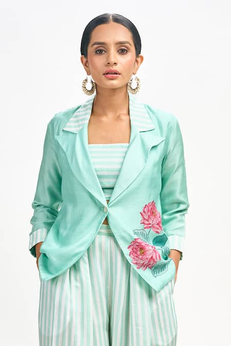 Tanu Malhotra_Blue Cotton, Silk Embroidery Square Neck Printed Blazer Flared Pant Set _Online_at_Aza_Fashions