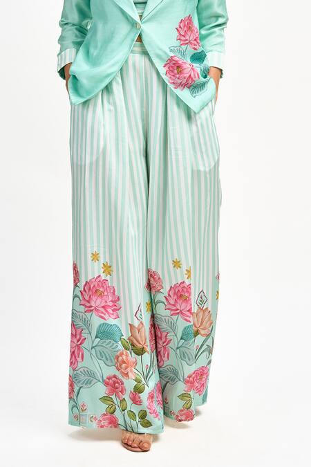 Buy_Tanu Malhotra_Blue Cotton, Silk Embroidery Square Neck Printed Blazer Flared Pant Set _Online_at_Aza_Fashions