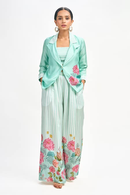 Shop_Tanu Malhotra_Blue Cotton, Silk Embroidery Square Neck Printed Blazer Flared Pant Set _Online_at_Aza_Fashions
