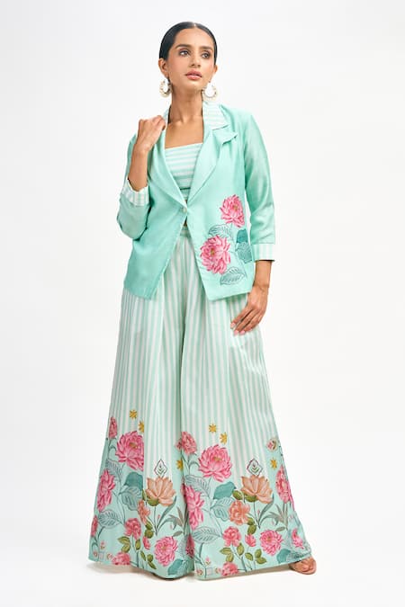Tanu Malhotra_Blue Cotton, Silk Embroidery Square Neck Printed Blazer Flared Pant Set _at_Aza_Fashions