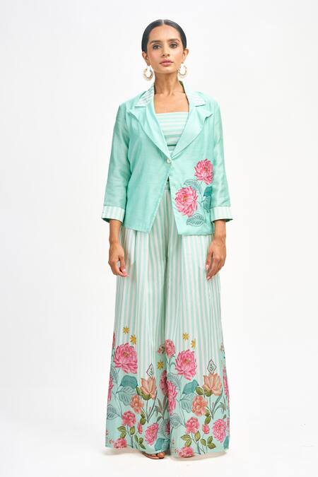 Buy_Tanu Malhotra_Blue Cotton, Silk Embroidery Square Neck Printed Blazer Flared Pant Set 