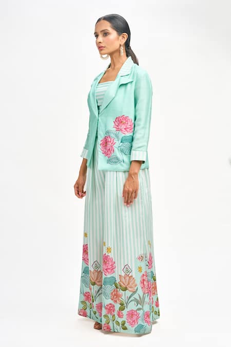 Shop_Tanu Malhotra_Blue Cotton, Silk Embroidery Square Neck Printed Blazer Flared Pant Set 