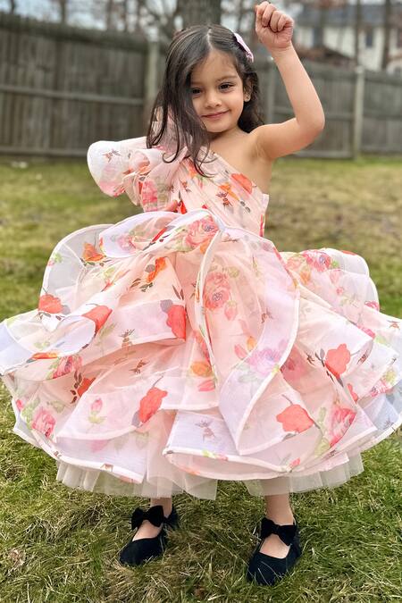 JANYAS CLOSET Peach Organza Floral Dolce Ruffle Dress