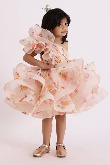 Janyas Closet_Peach Organza Floral Dolce Ruffle Dress_Online_at_Aza_Fashions