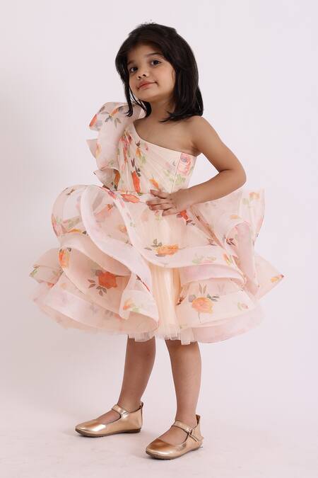 Shop_Janyas Closet_Peach Organza Floral Dolce Ruffle Dress_Online_at_Aza_Fashions