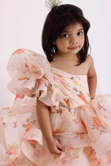 Janyas Closet_Peach Organza Floral Dolce Ruffle Dress_at_Aza_Fashions