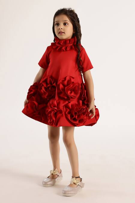 Janyas Closet_Red Satin, Silk Fabric Flowers Fantasy Blooms Applique Dress_Online_at_Aza_Fashions