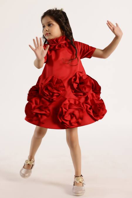 Buy_Janyas Closet_Red Satin, Silk Fabric Flowers Fantasy Blooms Applique Dress_Online_at_Aza_Fashions