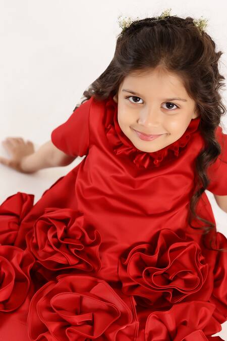 Janyas Closet_Red Satin, Silk Fabric Flowers Fantasy Blooms Applique Dress_at_Aza_Fashions