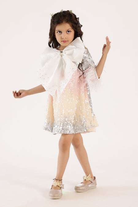 Janyas Closet_Pink Linen Sequins, Bows, Feathers Victorias Shaded Embellished Dress _Online_at_Aza_Fashions