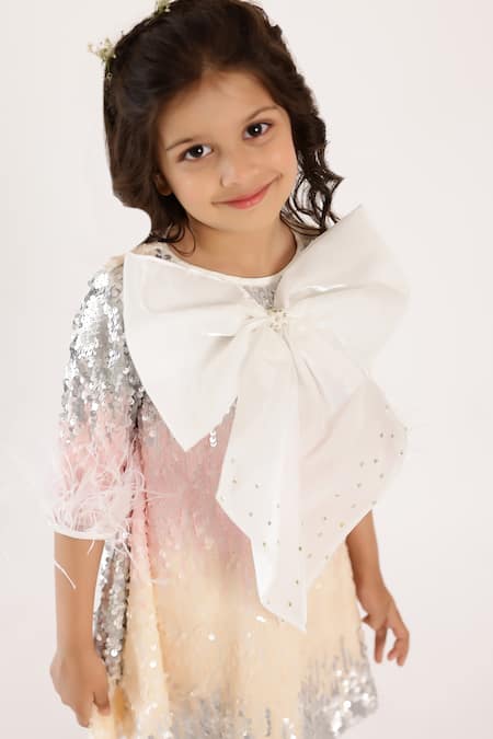 Janyas Closet_Pink Linen Sequins, Bows, Feathers Victorias Shaded Embellished Dress _at_Aza_Fashions