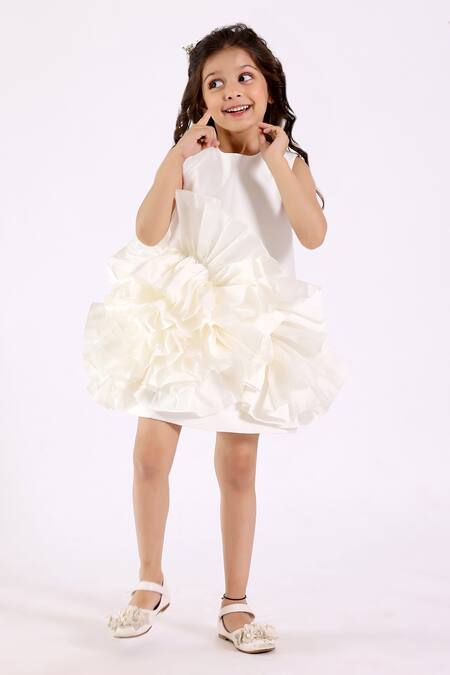Janyas Closet White Taffeta Silk Solid Ruffles Dream Dress Online at Aza Fashions Janyas Closet_White Taffeta Silk Solid Ruffles Dream Dress_Online_at_Aza_Fashions