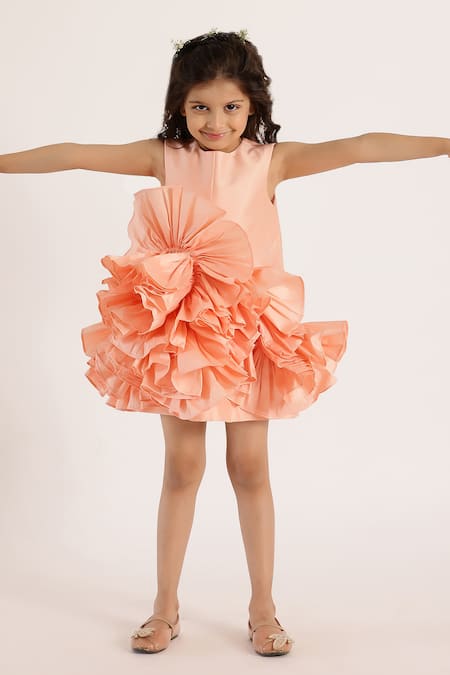 Janyas Closet_Peach Taffeta, Silk Ruffles Dream Solid Dress _Online_at_Aza_Fashions