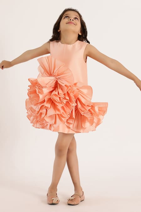Buy_Janyas Closet_Peach Taffeta, Silk Ruffles Dream Solid Dress _Online_at_Aza_Fashions