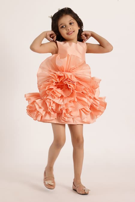 Shop_Janyas Closet_Peach Taffeta, Silk Ruffles Dream Solid Dress _Online_at_Aza_Fashions