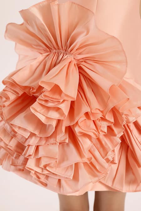 Janyas Closet_Peach Taffeta, Silk Ruffles Dream Solid Dress _at_Aza_Fashions