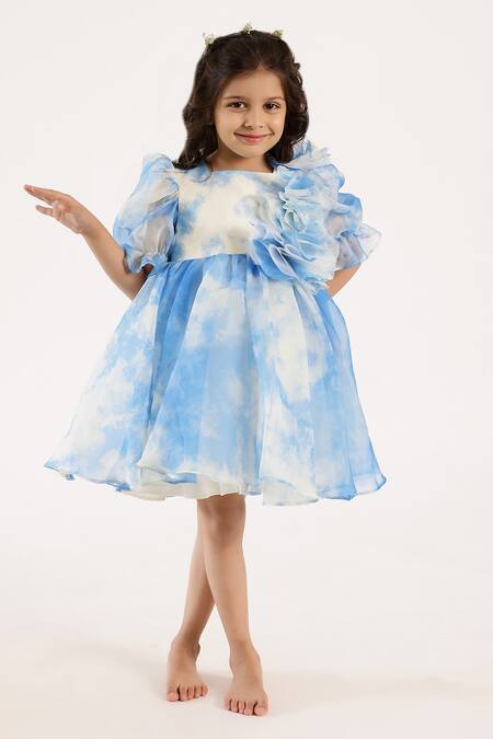 Janyas Closet_Blue Organza Printed Abstract Cloud Dreamer Dress_at_Aza_Fashions