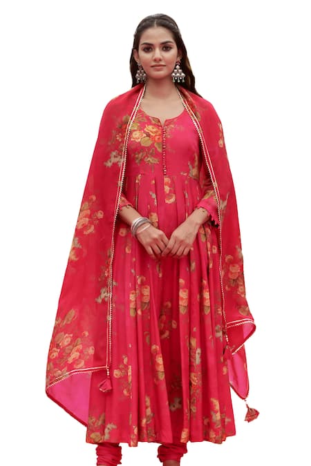 Karaj Jaipur_Pink Muslin, Cotton, Organza Embroidery, Sequins Split Floral Print Anarkali Set_Online_at_Aza_Fashions