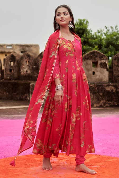 Buy_Karaj Jaipur_Pink Muslin, Cotton, Organza Embroidery, Sequins Split Floral Print Anarkali Set_Online_at_Aza_Fashions