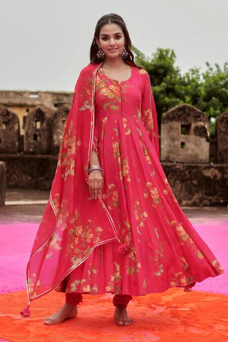Shop_Karaj Jaipur_Pink Muslin, Cotton, Organza Embroidery, Sequins Split Floral Print Anarkali Set_Online_at_Aza_Fashions
